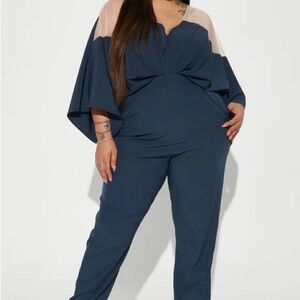 Fashion Nova Blue Off-Shoulder Jumpsuit with Cape Sleeves